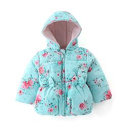 Babyhug Woven Full Sleeves Hooded Jacket with Bow Floral Print - Aqua Blue