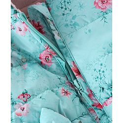Babyhug Woven Full Sleeves Hooded Jacket with Bow Floral Print - Aqua Blue