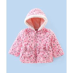 Babyhug Full Sleeves Hooded & Padded Jacket With Bow Applique Floral Print- Pink