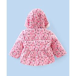 Babyhug Full Sleeves Hooded & Padded Jacket With Bow Applique Floral Print- Pink