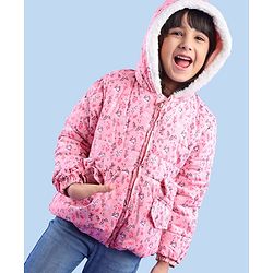 Babyhug Full Sleeves Hooded & Padded Jacket With Bow Applique Floral Print- Pink