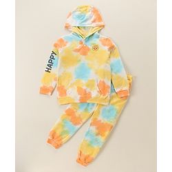 Babyhug 100% Cotton Full Sleeves Hooded T-Shirt & Lounge Pant Set Abstract Print- Blue Yellow & Orange