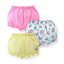 Babyhug 100% Cotton Bloomer Hippo Print Pack of 3 - Pink Blue & Yellow