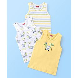 Babyhug 100% Cotton Sleeveless Sando Striped & Dino Print Pack of 3 - Yellow White & Green