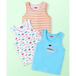 Babyhug 100% Cotton Knit Sleeveless Striped & Fish Printed Sando Pack of 3 - Multicolour