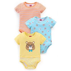 Babyhug 100% Cotton Knit Half Sleeves Onesies Pack of 3 Teddy Print - Orange Blue & Yellow