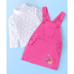 Babyhug Twill Floral Embroidered Frock with Full Sleeves Polka Dots Printed Inner Tee - Pink