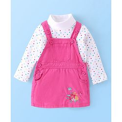 Babyhug Twill Floral Embroidered Frock with Full Sleeves Polka Dots Printed Inner Tee - Pink