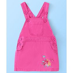 Babyhug Twill Floral Embroidered Frock with Full Sleeves Polka Dots Printed Inner Tee - Pink