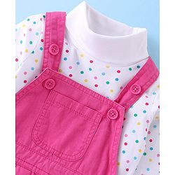 Babyhug Twill Floral Embroidered Frock with Full Sleeves Polka Dots Printed Inner Tee - Pink