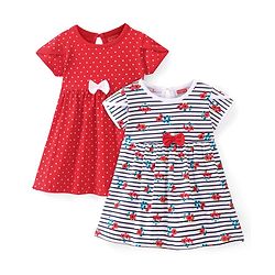 Babyhug Cotton Knit Half Sleeves Frocks with Floral Print & Striped Pack of 2 - Red