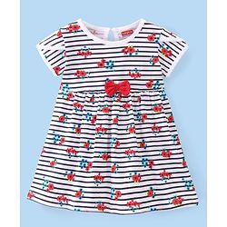 Babyhug Cotton Knit Half Sleeves Frocks with Floral Print & Striped Pack of 2 - Red