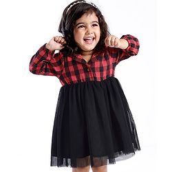 Babyhug Cotton Woven Full Sleeves Frock With Mesh Hem & Yarndyed Checks - Red & Black
