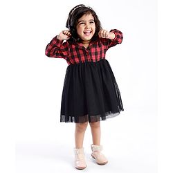 Babyhug Cotton Woven Full Sleeves Frock With Mesh Hem & Yarndyed Checks - Red & Black