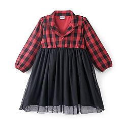 Babyhug Cotton Woven Full Sleeves Frock With Mesh Hem & Yarndyed Checks - Red & Black