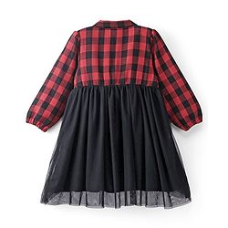 Babyhug Cotton Woven Full Sleeves Frock With Mesh Hem & Yarndyed Checks - Red & Black