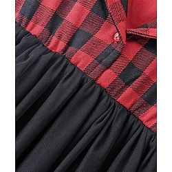 Babyhug Cotton Woven Full Sleeves Frock With Mesh Hem & Yarndyed Checks - Red & Black