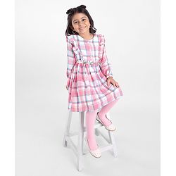 Babyhug Yarn Dyed Full Sleeves Checks Dress Frill Detailing with Stocking - Pink
