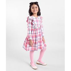 Babyhug Yarn Dyed Full Sleeves Checks Dress Frill Detailing with Stocking - Pink