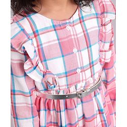 Babyhug Yarn Dyed Full Sleeves Checks Dress Frill Detailing with Stocking - Pink