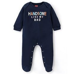 Babyhug Cotton Knit Full Sleeves Footed Sleepsuit with Text Print - Navy Blue