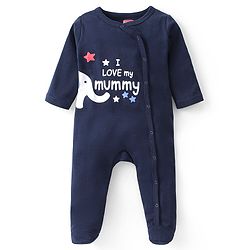 Babyhug Interlock Cotton Knit Full Sleeves Footed Sleep Suit Text Print - Navy Blue