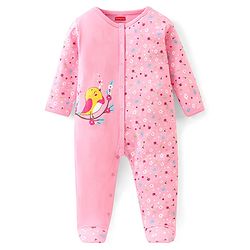 Babyhug Interlock Cotton Full Sleeves Footed Sleepsuit Birds & Floral Print - Pink