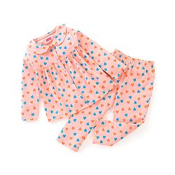 Babyhug Cotton Knit Full Sleeves Night Suit Heart Print - Peach