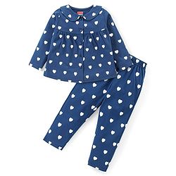 Babyhug Cotton Knit Full Sleeves Night Suit With Heart Print - Navy Blue