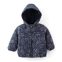 Babyhug Woven Full Sleeves Hooded Quilted Jacket Heart Print - Navy Blue