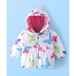 Babyhug Full Sleeves Hooded Jacket With Butterfly Print - White & Pink