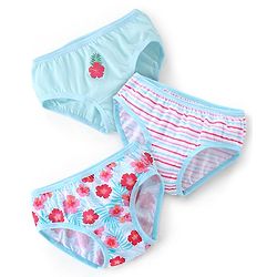 Babyhug 100% Cotton Knit Panties Stripes & Floral Print Pack of 3 - Blue White & Pink