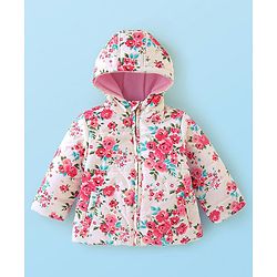 Babyhug Woven Full Sleeves Floral Printed Jacket with Hood - Pink