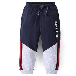 Babyhug Cotton Looper Full Length Lounge Pant Color Block & Text Printed - Grey & Navy Blue