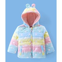 Babyhug Full Sleeves Hooded & Padded Jacket With Ear Applique Stars Print- Pink Yellow & Blue