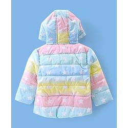 Babyhug Full Sleeves Hooded & Padded Jacket With Ear Applique Stars Print- Pink Yellow & Blue