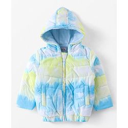 Babyhug Woven Full Sleeves Jacket With Hood & Tie  Die Print - Blue White & Green