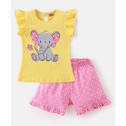 Babyhug Cotton Half Sleeves Night Suit Elephant & Dot Print- Yellow & Pink
