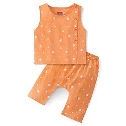 Babyhug Sleeveless Jhabla & Full Length Pajama Set With Star Print - Orange