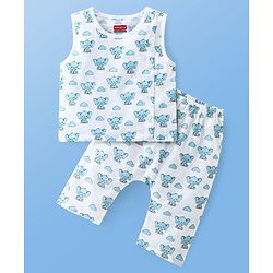 Babyhug Sleeveless Jhabla & Full Length Pajama Set With Elephant Print - Blue