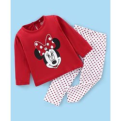 Babyhug Cotton Knit Full Sleeves Minnie Mouse Print Night Suit - Red & White