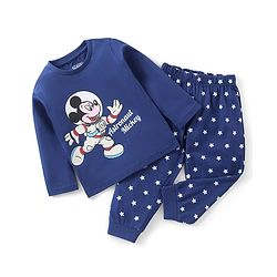 Babyhug Cotton Full Sleeves Night Suit Stars & Mickey Mouse Print- Blue
