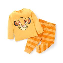 Babyhug Cotton Single Jersey Knit Full Sleeves Night Suit Stripes & Simba Print - Yellow