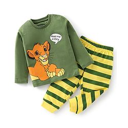 Babyhug Cotton Knit Full Sleeves Night Suit With Simba Print - Green & Yellow
