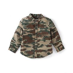 Babyhug Cotton Knit  Full Sleeves Shirt & Denim Jeans With Camoflauge Print - Green