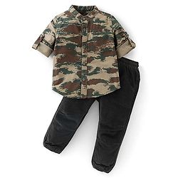 Babyhug Cotton Knit  Full Sleeves Shirt & Denim Jeans With Camoflauge Print - Green
