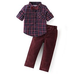 Babyhug Cotton Woven Full Sleeves Party Wear Checked Shirt with Bow and Pant Set - Maroon