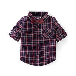 Babyhug Cotton Woven Full Sleeves Party Wear Checked Shirt with Bow and Pant Set - Maroon