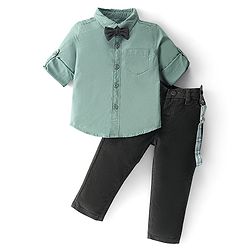 Babyhug 100% Cotton Woven Full Sleeves Solid Color Shirt & Pant Set With Bow - Olive Green