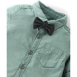 Babyhug 100% Cotton Woven Full Sleeves Solid Color Shirt & Pant Set With Bow - Olive Green